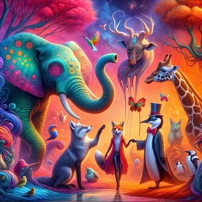 The primary subject of the image is a woman dressed in a red coat, walking through a forest filled with various animals. The setting is a vibrant, colorful environment with a mix of animals, including giraffes, elephants, and birds. The visual style is a digital art or illustration, with a focus on the woman and the animals. The colors and mood of the image are lively and cheerful, with a sense of wonder and adventure.